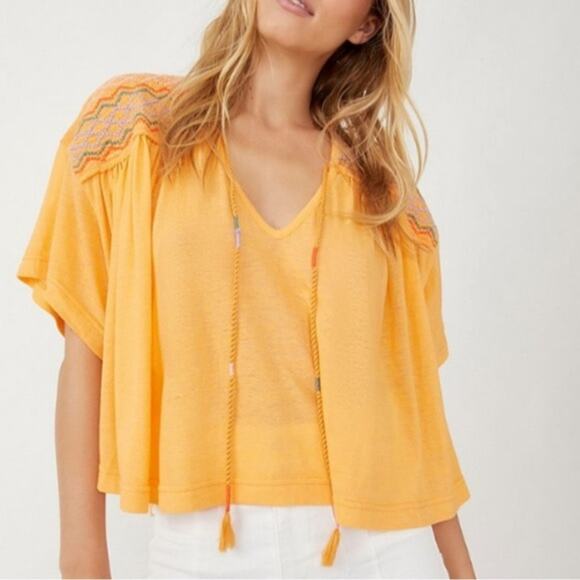 FREE PEOPLE • Gold Market Embroidery Trim Tassel Toe V-Neck Short Sleeve Top - Picture 1 of 8
